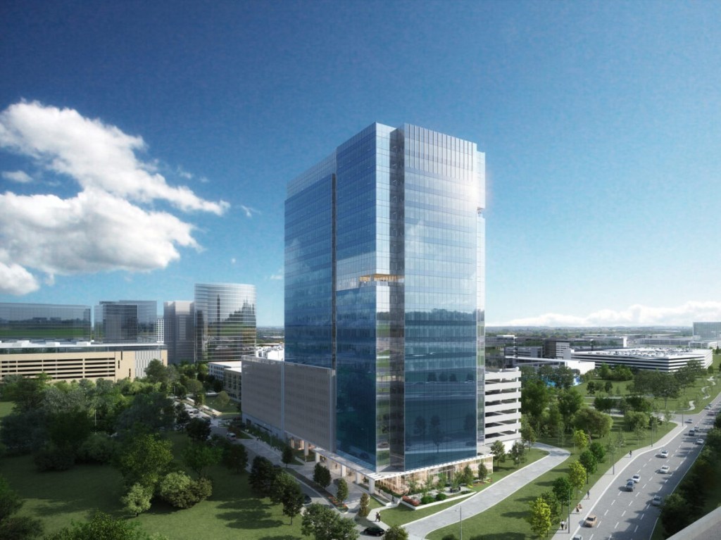 Exterior rendering of Ryan Tower, a 23-story office buildings in Plano, Texas. The high-rise has a glass exterior and is surrounded by greenery.